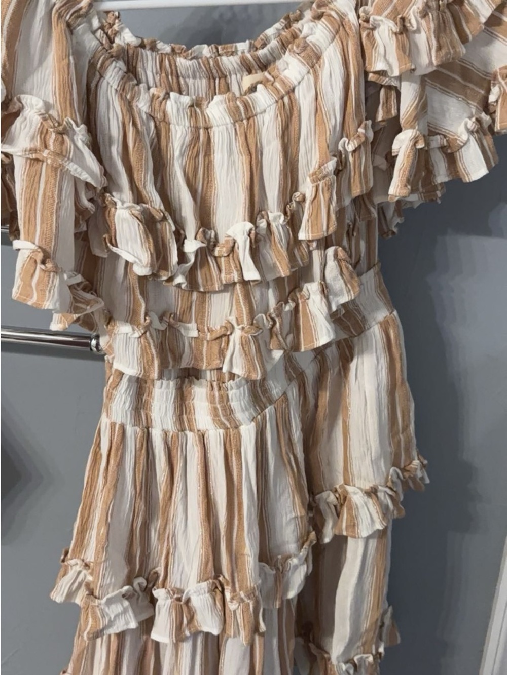 Surf Gypsy Cream and Tan Striped Ruffle Maxi Dress